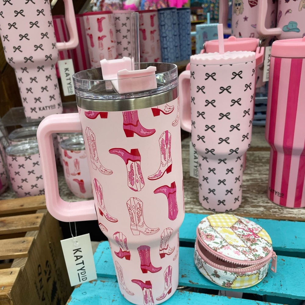 Katydid Pink Tumbler with pink cowboy Boot Design